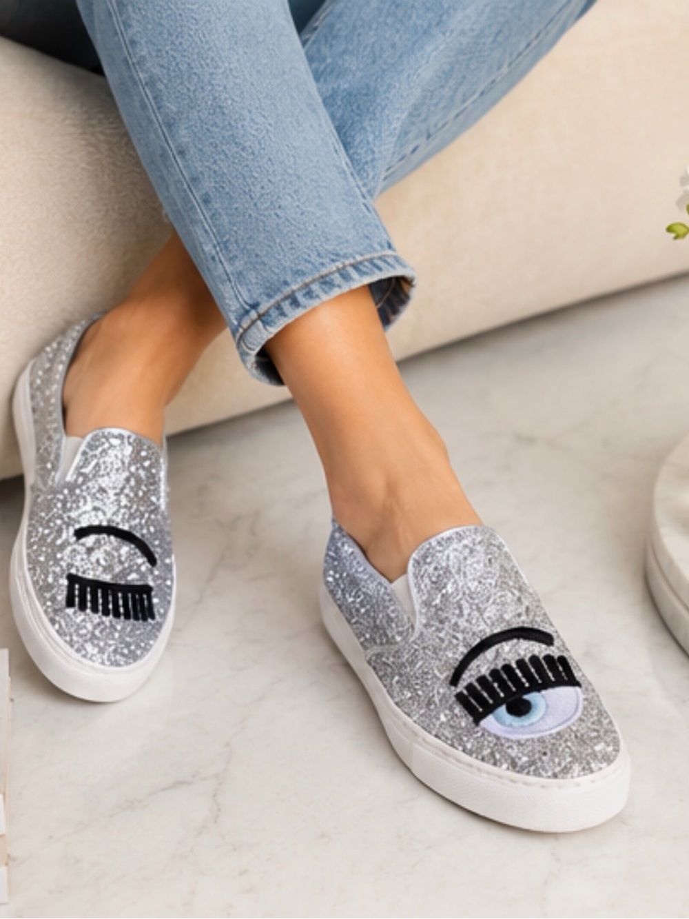 Chiara Ferragni Silver Glitter Flirting Eye Slip-On Sneakers Size 39